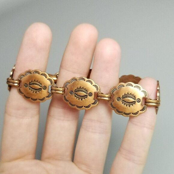 Vintage Copper Medallion Link Panel Bracelet, Hammered Stamp Design, 7 Inches - Picture 8 of 8